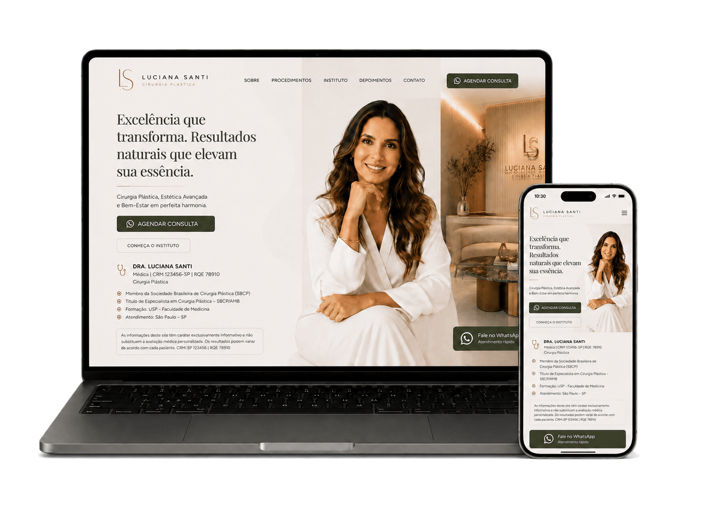 Modelo de site profissional para médicos em notebook e celular