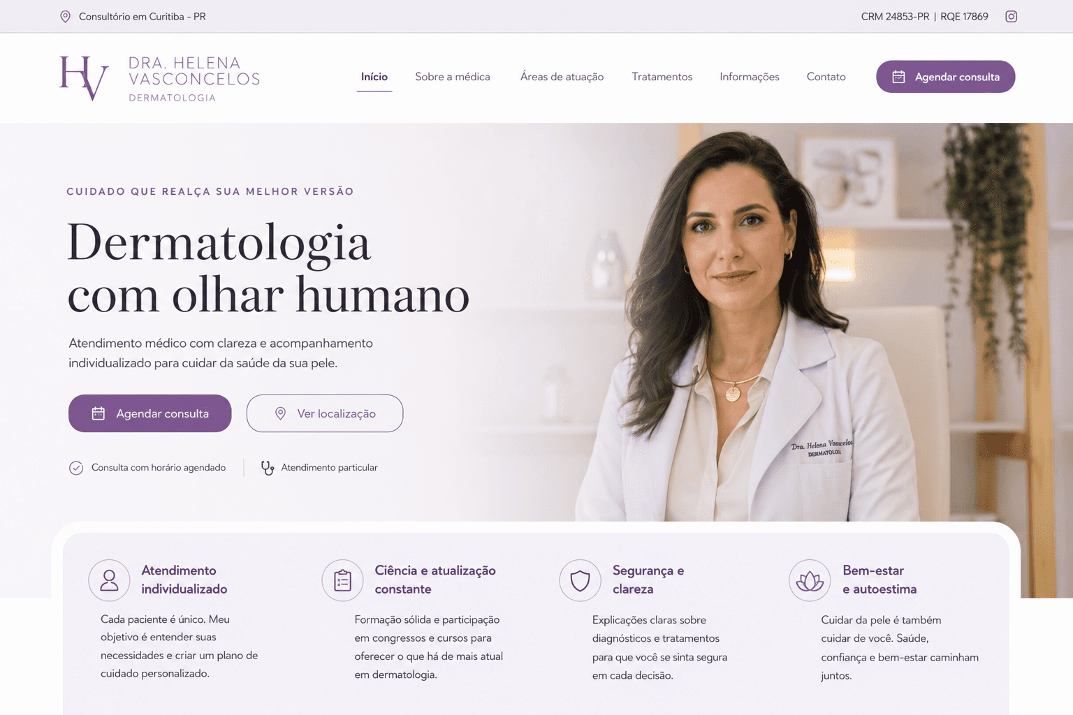 Modelo de página para médico com especialidade, CRM e contato do consultório