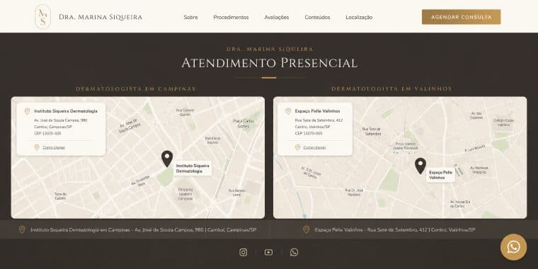 Modelo de site para clínica de estética com atendimento presencial e mapas
