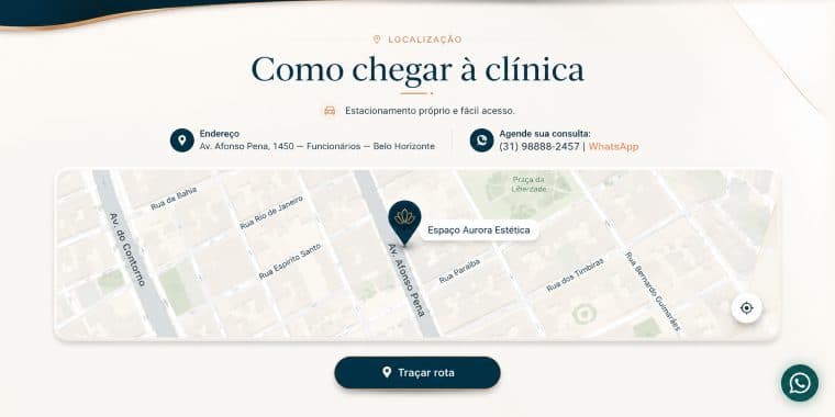 Modelo de site para clínica de estética com seção como chegar à clínica