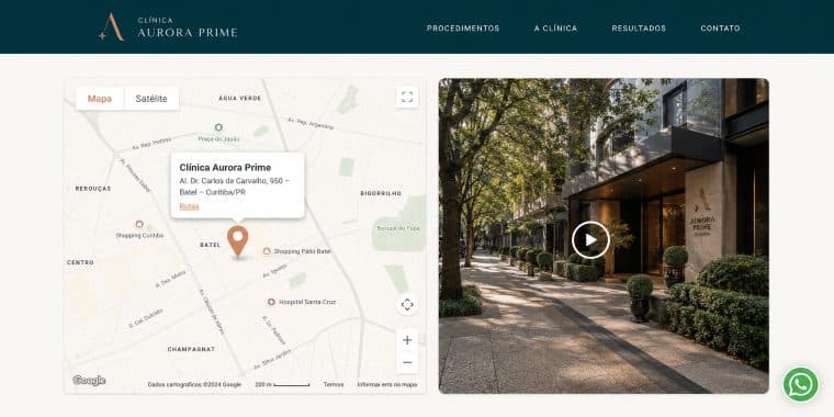 Modelo de site para clínica de estética com localização, mapa e fachada