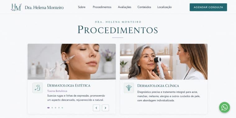 Modelo de site para clínica de estética com cards de procedimentos dermatológicos