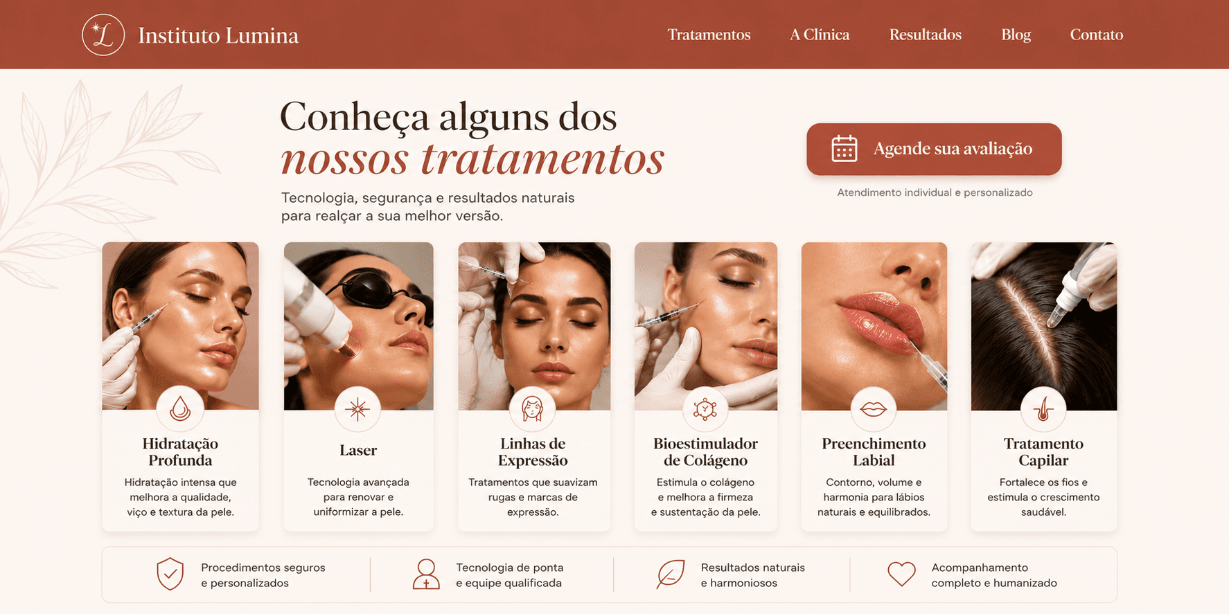 Modelo de site para clínica de estética com lista de tratamentos e chamada para avaliação