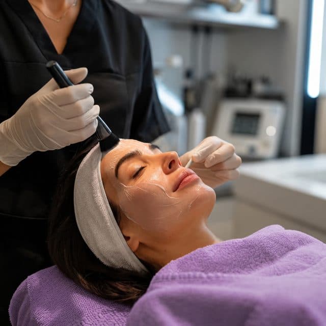 Profissional de estética preparando atendimento facial em clínica moderna